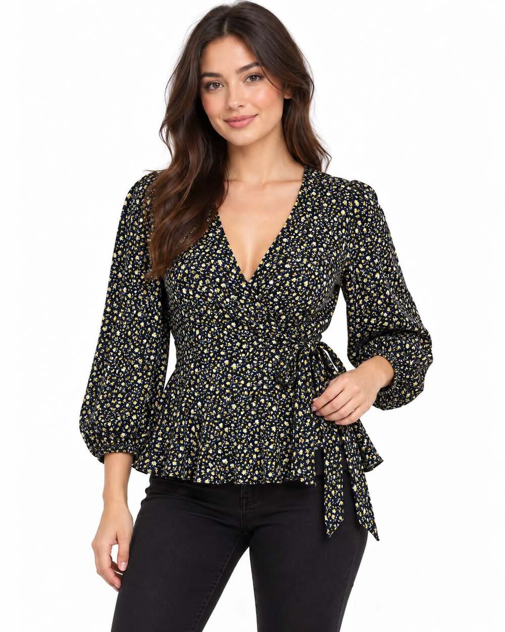 Banana Republic NWT Women's M Floral Wrap Peplum Blouse Black Yellow